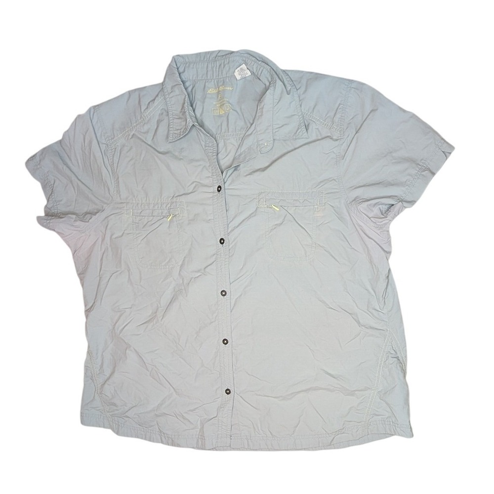 Eddie Bauer Button Front Shirt Womens XXL Light Blue Short Sleeve Hiking Utility